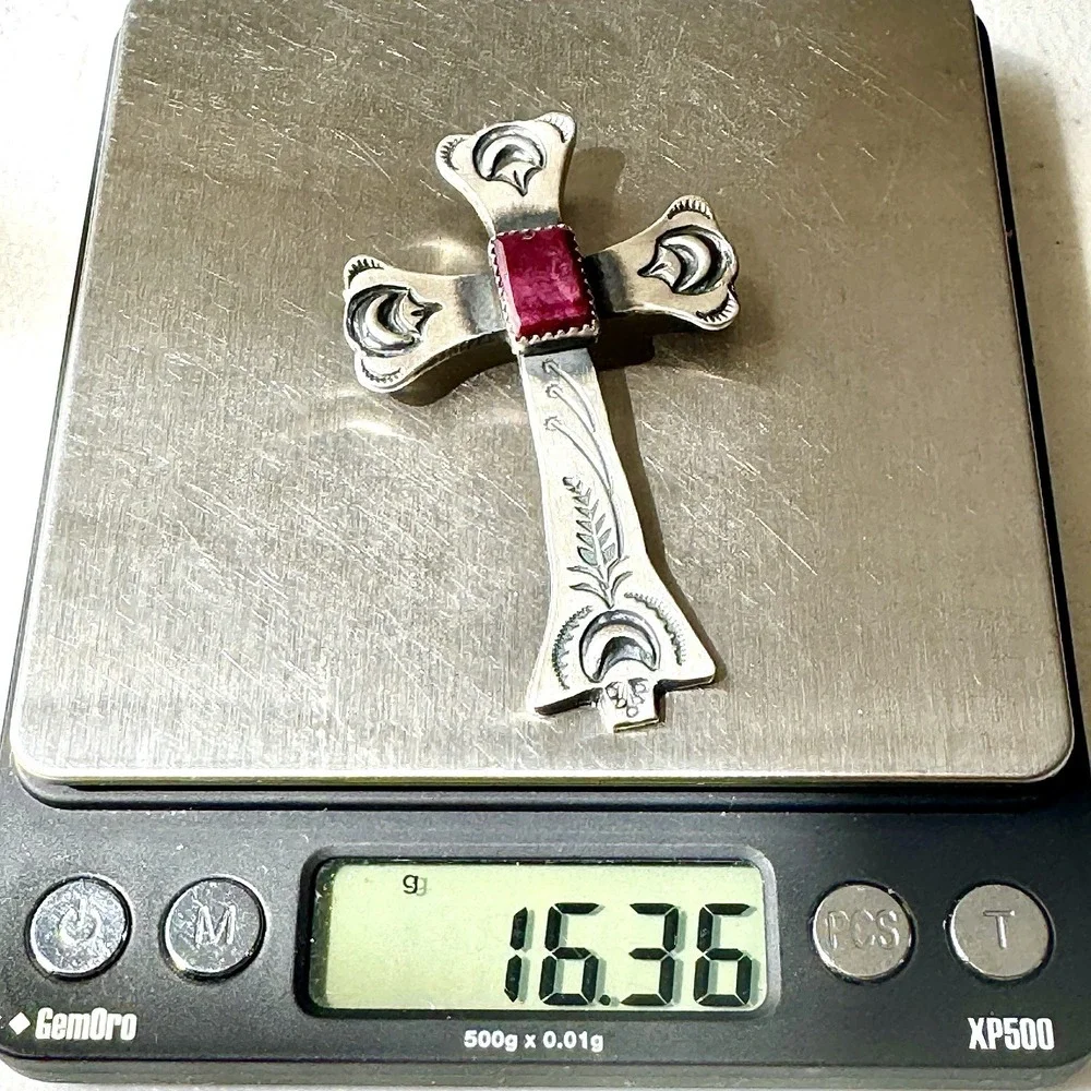 Navajo Cross Pendant 2.7in Purple Spiny Oyster Yucca Sterling V Cayancito Signed